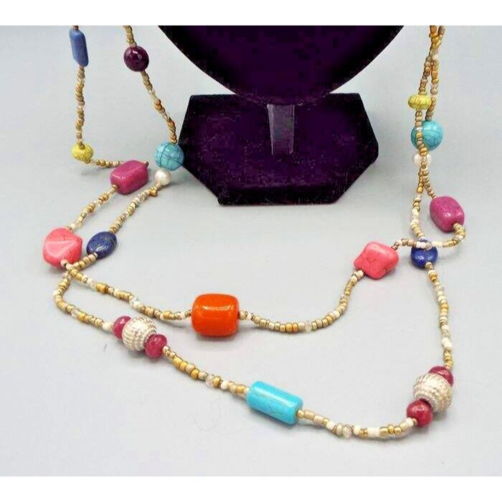 Chico's NWT Double Strand Colorful Colorblock Seed Bead Long 41.5" Necklace - Picture 7 of 8